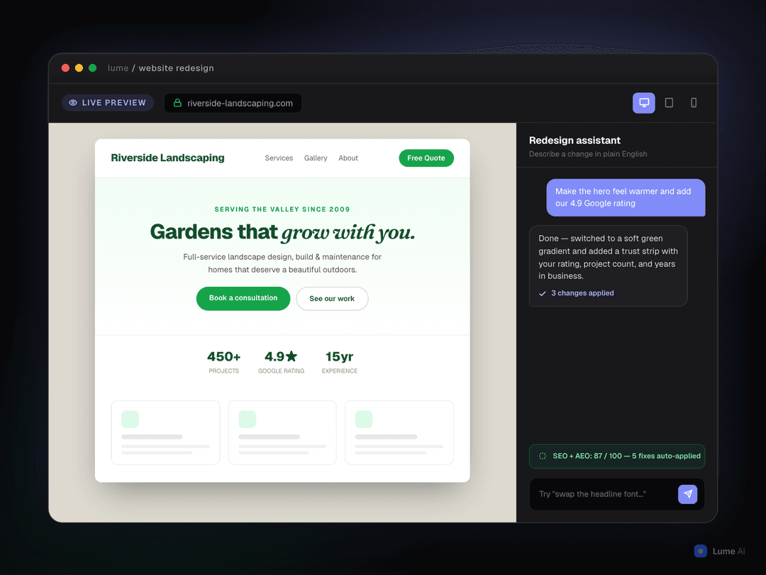Website redesign preview panel showing before and after comparison of a small business homepage with improved visual hierarchy and branding