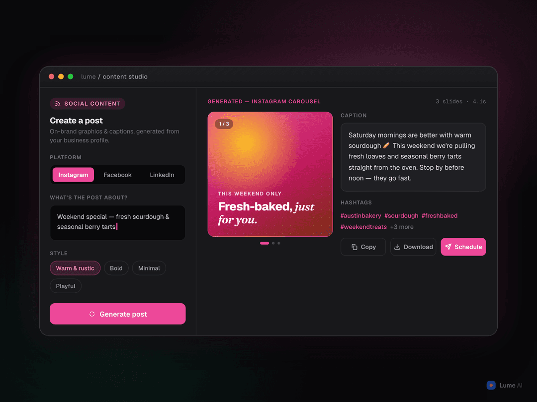 Social content generator UI showing AI-generated Instagram posts, carousels, and reel scripts for a small business